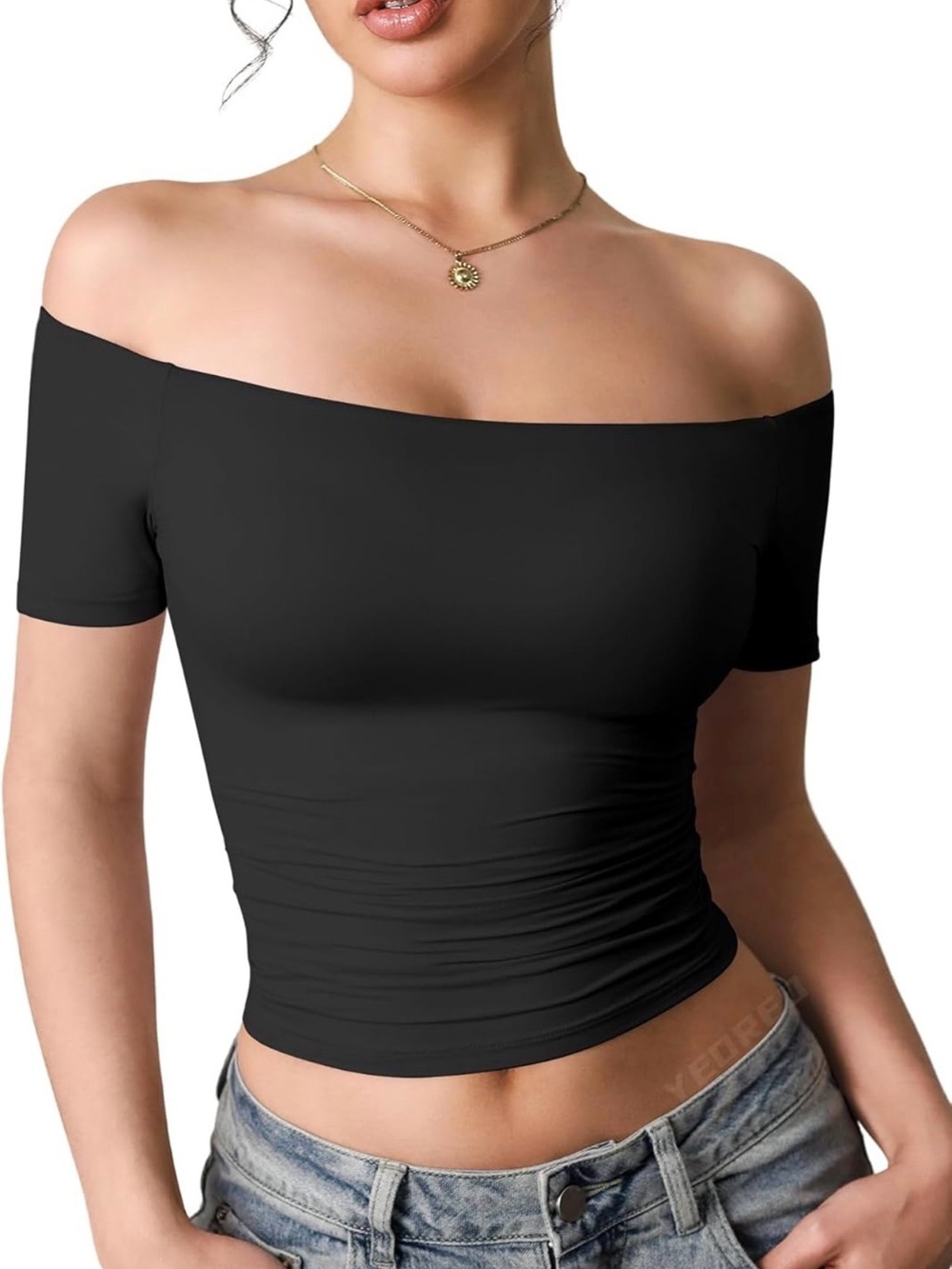 Off-Shoulder Stretch Crop Top - Black size S